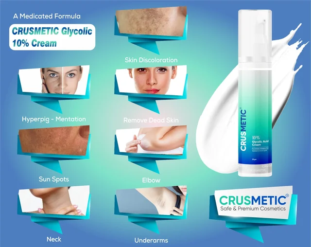 CRUSMETIC 10% Glycolic Acid Cream 30g | Reduce Pigmentation and Tanning | Removes Dead Skin - 30gm, white