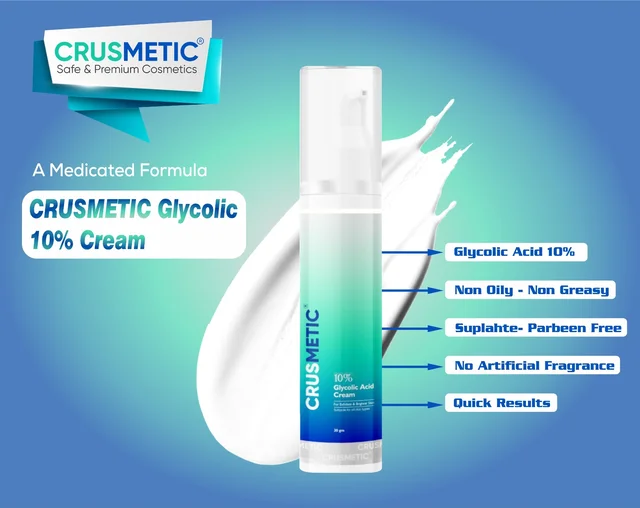 CRUSMETIC 10% Glycolic Acid Cream 30g | Reduce Pigmentation and Tanning | Removes Dead Skin - 30gm, white