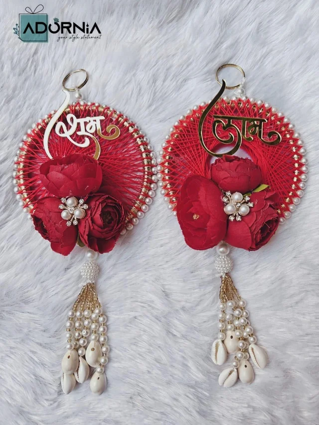 Shubh Labh String Art Rose Hanging Pair with Cowrie Tassels - Red