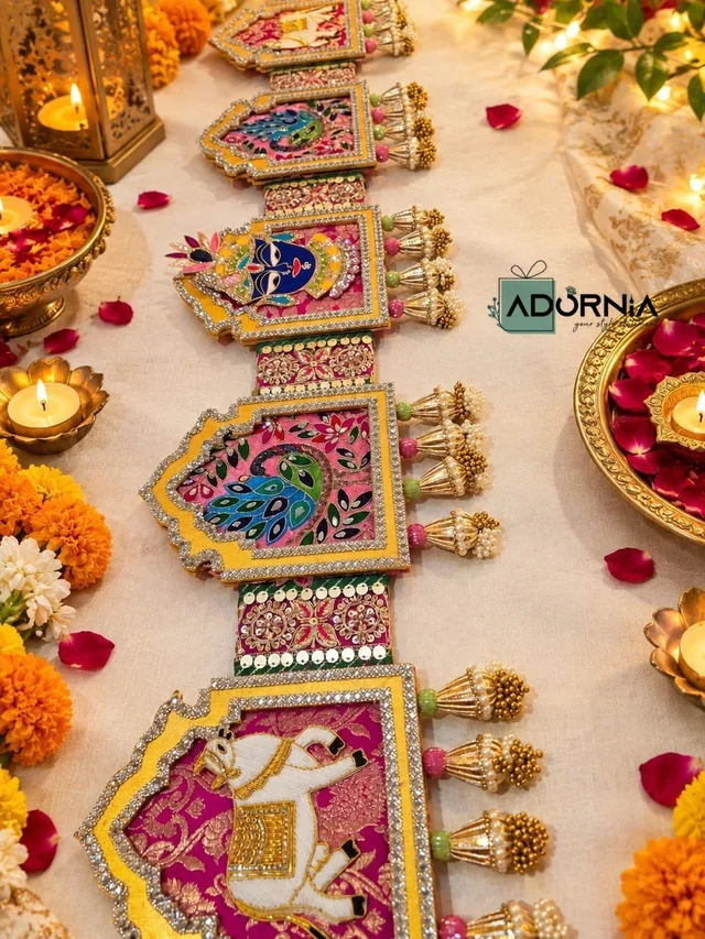 Wooden Stone-Studded Bandarwar With Krishna, Peacock & Elephant Panels