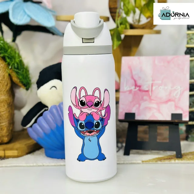 Stainless Steel Sipper Bottle 1000 Ml Kids Cartoon Designs - Stitch White