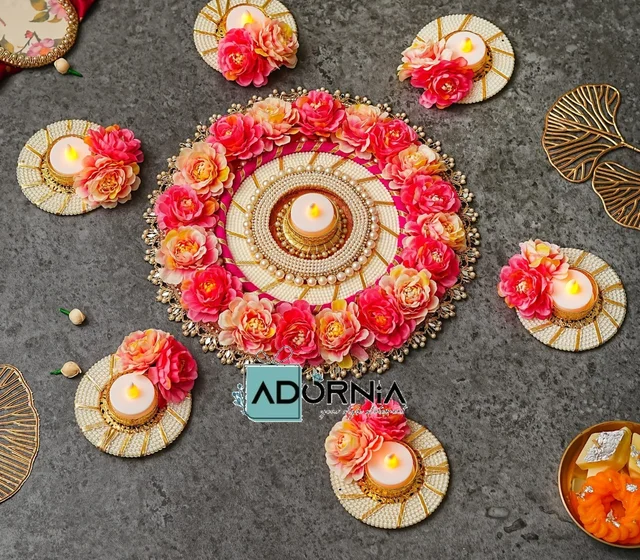 Tea Light Rangoli Platter with 6 Holders - Pink Floral