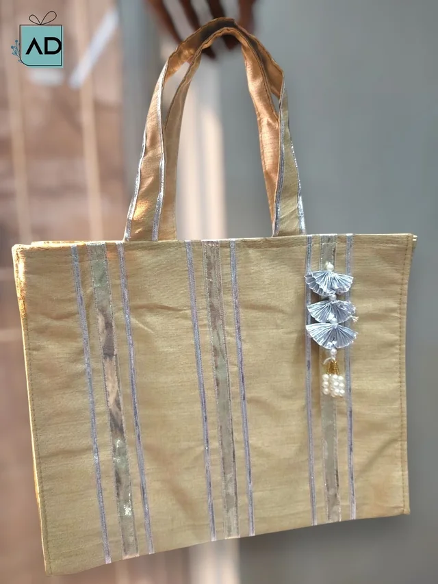 Premium Fabric Gift Bag with Silver Leaf Latkan - Gold, MOQ 10