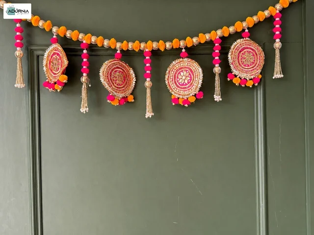 Pink and Gold Embroidered Medallion Door Toran with Orange Poms - Tall Poppy