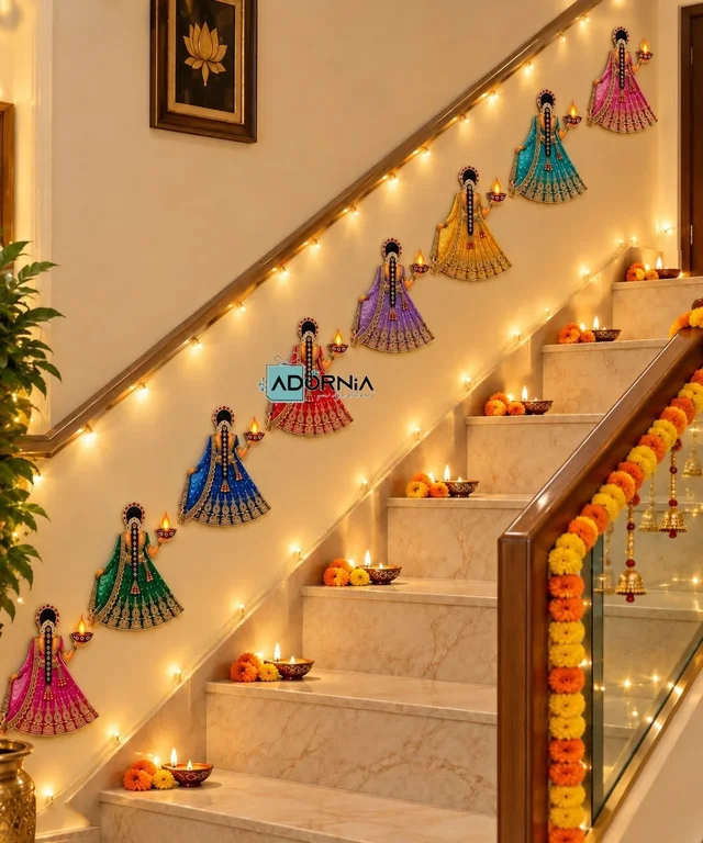 Diya Lady Wall Decoration Cutouts - 6 Inch, Packet of 9 Colours