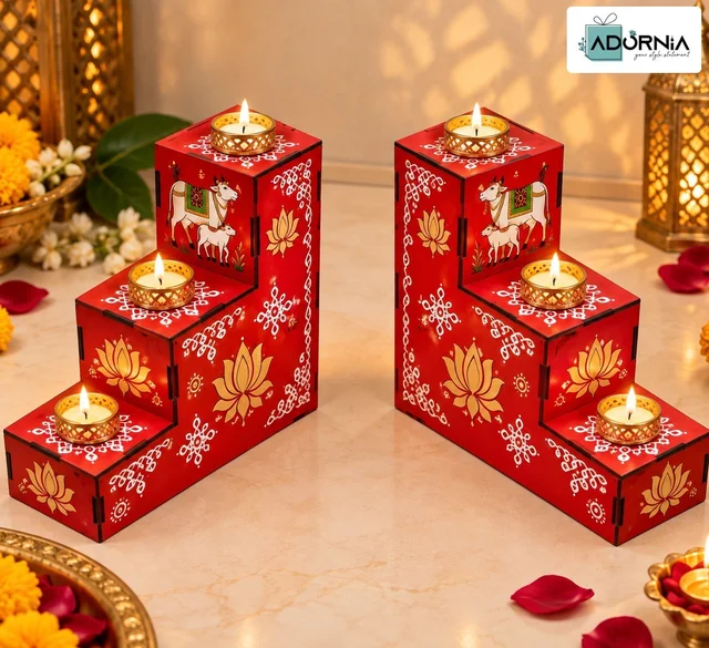 Cow-Print Golupadi 3-Step Diya Stand Pair - Red