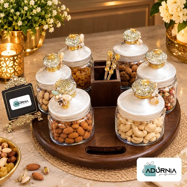 Premium 6 Pcs Jar Set with Wooden Tray - 350 ml
