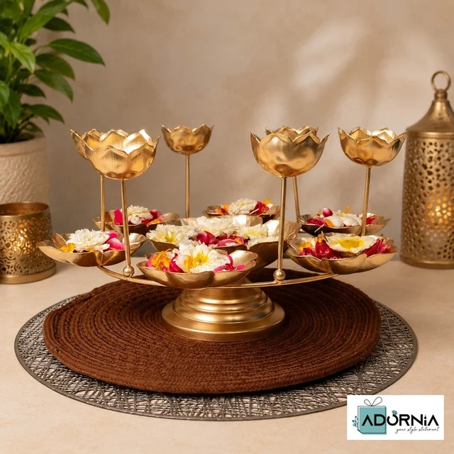 Golden Iron Lotus Tealight Holder - 14 x 7 Inches