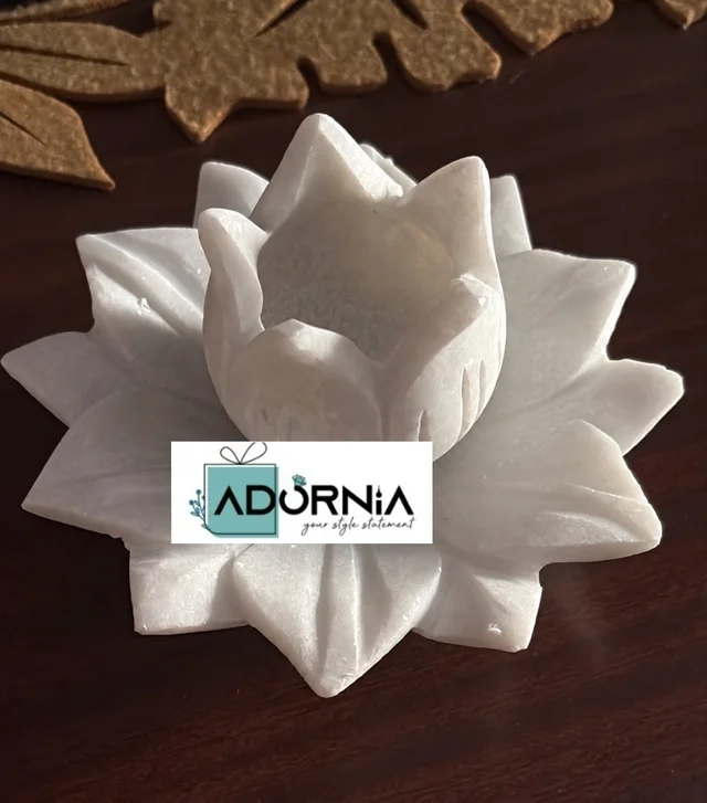 Marble Lotus Candle Holder with Marble Urli - 6 Inch