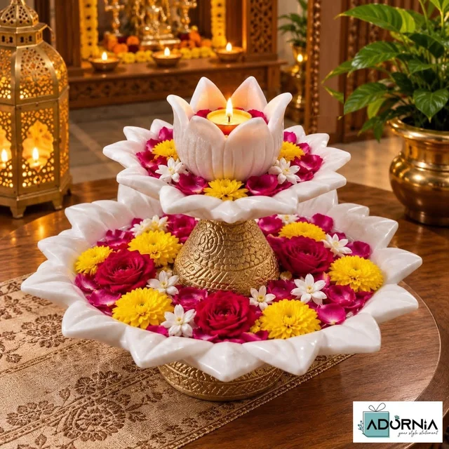 Marble Lotus Urli Set with Candle Holder & Stands