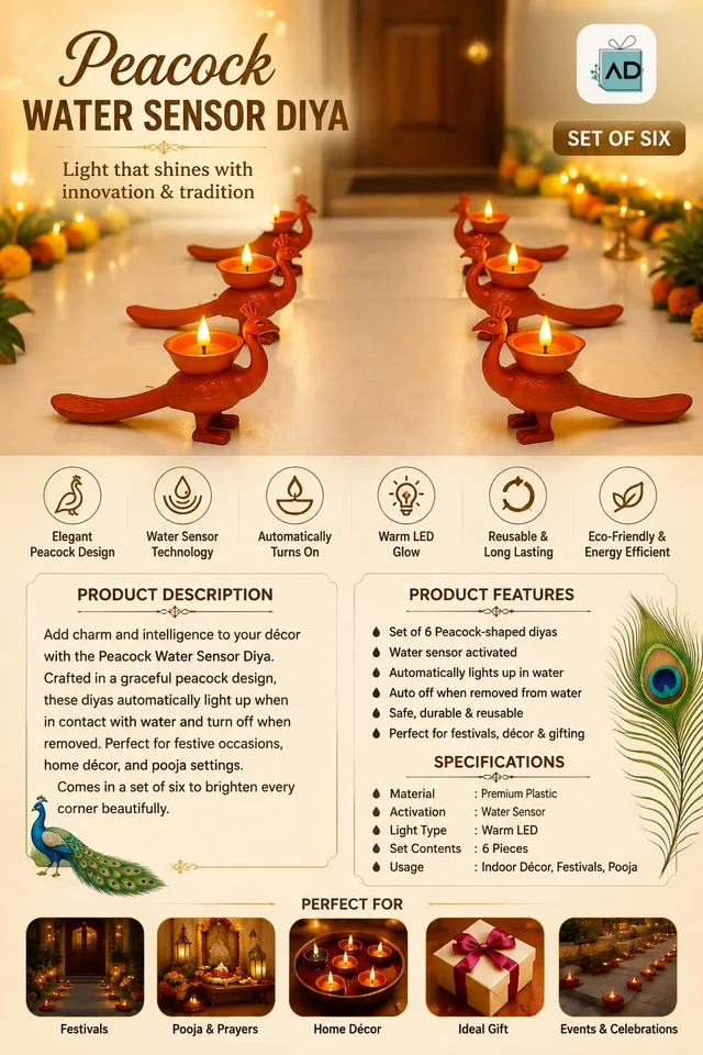 Peacock Water Sensor Diya - Set Of 6