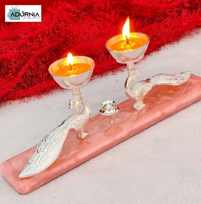 German Silver Double Peacock Diya With Agarbatti Stand And Pink Resin Base - Single Piece