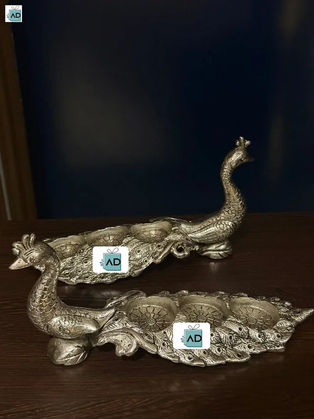 Peacock Three Compartment Tealight Stand Pair - Silver-Plated Aluminium