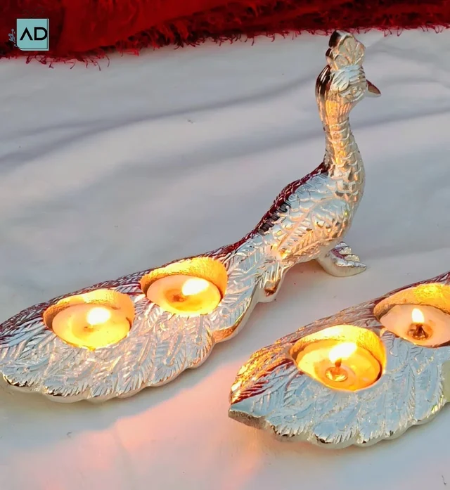 German Silver Peacock Tealight Candle Stand - Pair