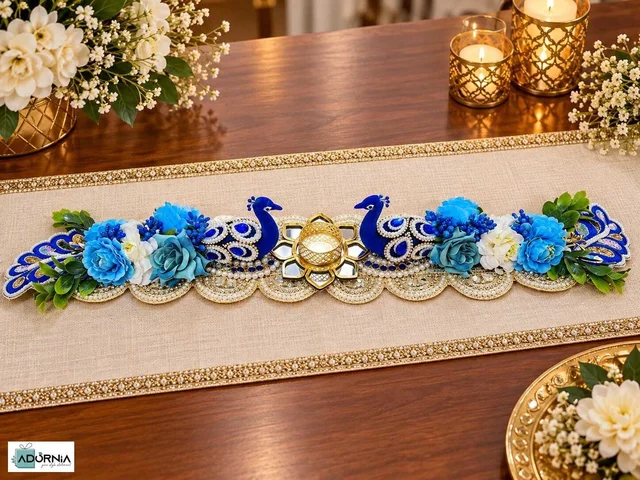 Blue Peacock Floral Tealight Centerpiece - 24 Inch Table Decor - Without LED