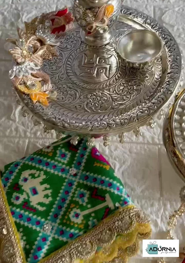German Silver Karwa Chauth Puja Thali Set with Patola Cover