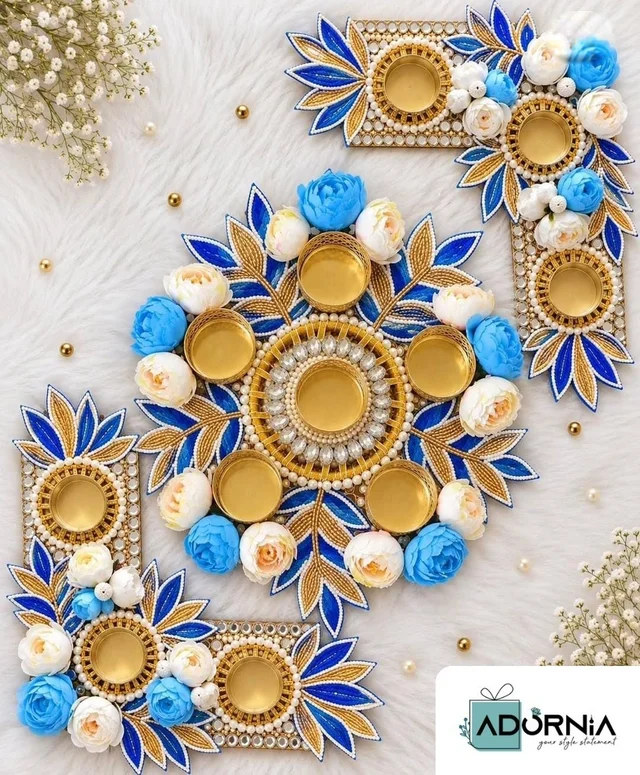 Handcrafted Rangoli Platter with L-Shaped Candle Holder Side Pieces