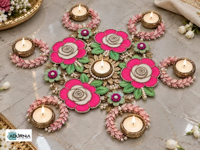Pink Floral Hand-Embroidered Rangoli - Set of 8