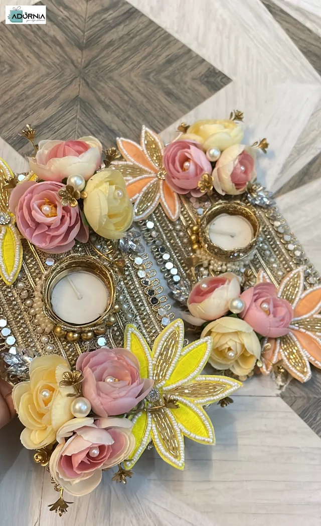 Floral Rangoli Set Of 3 With T-Light Holders