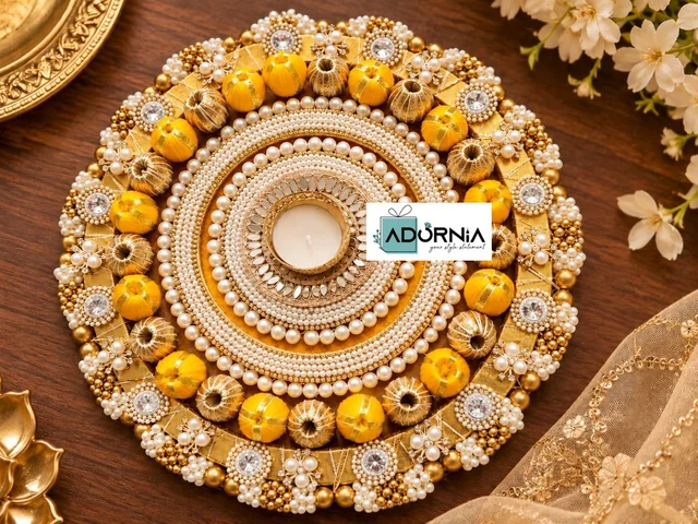 Pearl & Golden Handcrafted Rangoli - 12 Inch - Yellow