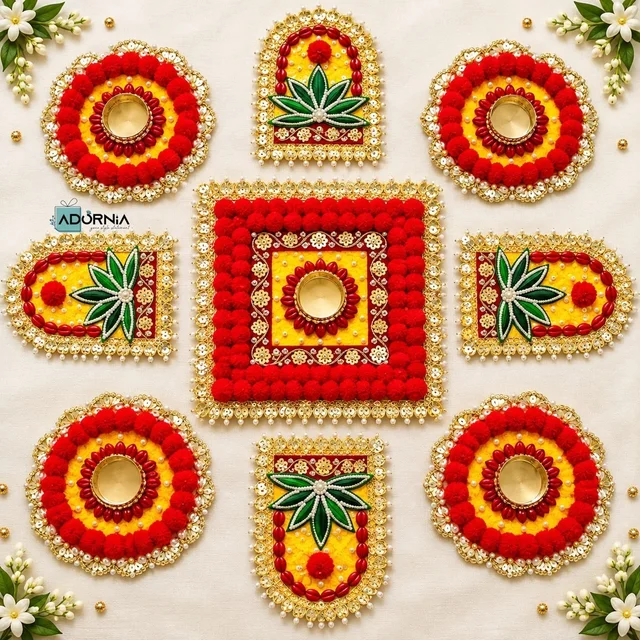 Red and Yellow Pom-Pom Rangoli Tea Light Set -