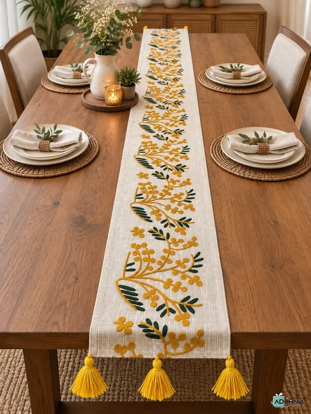 Embroidered Table Runner with Tassels - 13 x 72 inches - Marigold Bunch