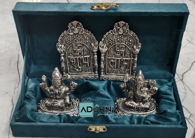German Silver Shubh Labh and Laxmi Ganesh Combo with Velvet Box