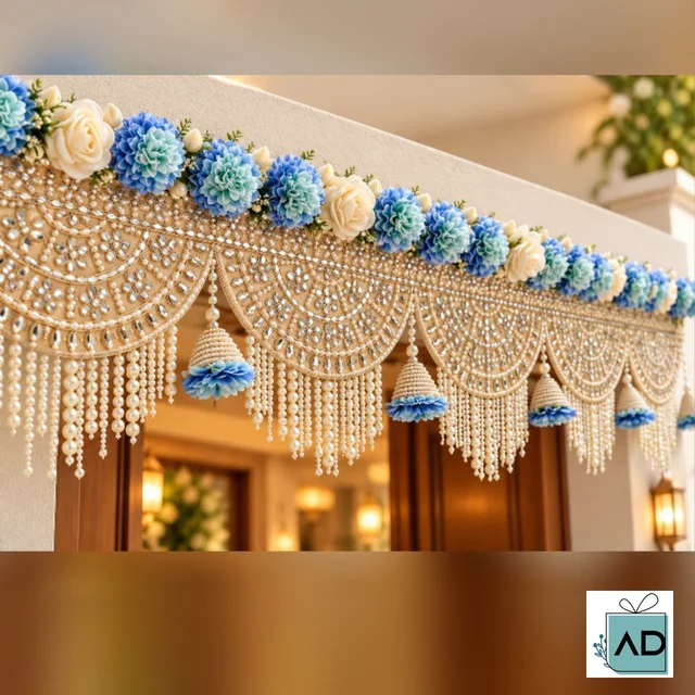 Blue Pearl Floral Door Toran with Hanging Bells