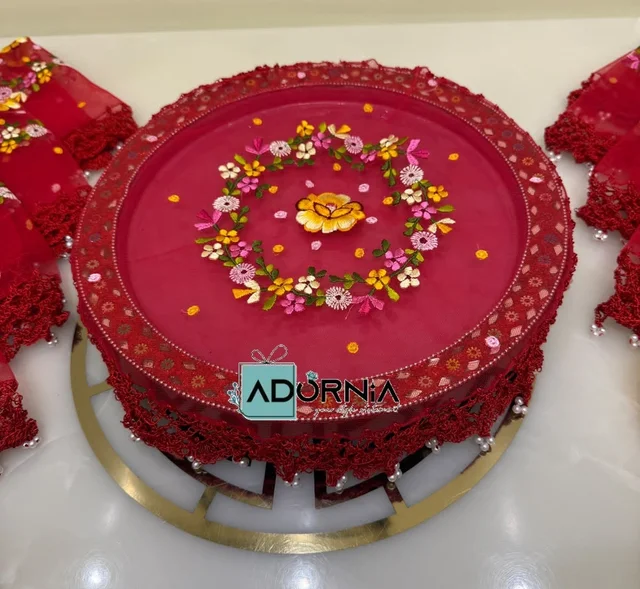 Floral Embroidered Thal Posh - 17 Inch - Red