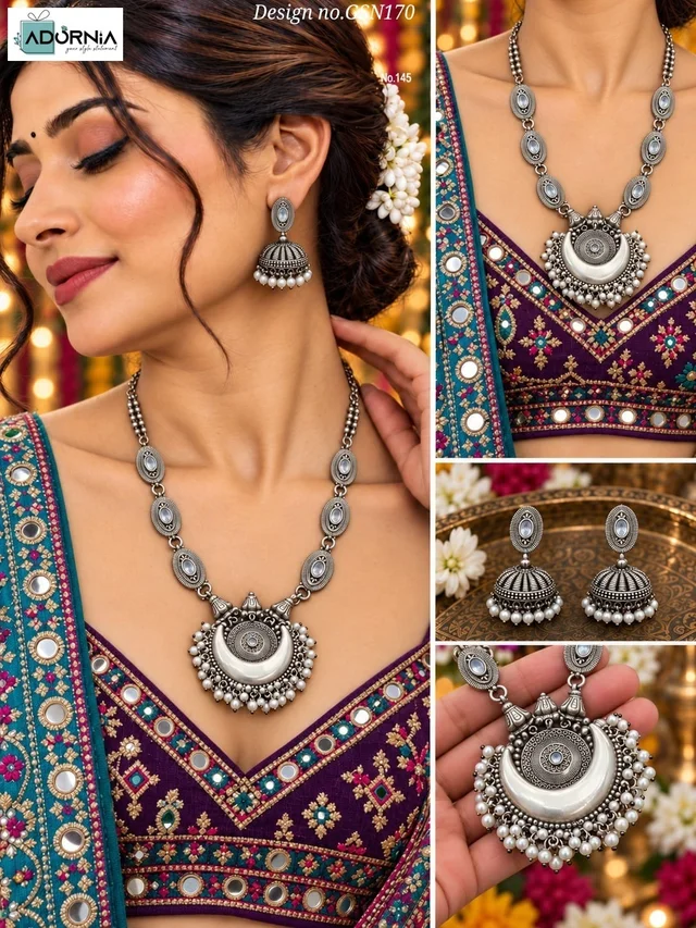 Silver-Tone Crescent Pendant Necklace with Jhumka Earrings