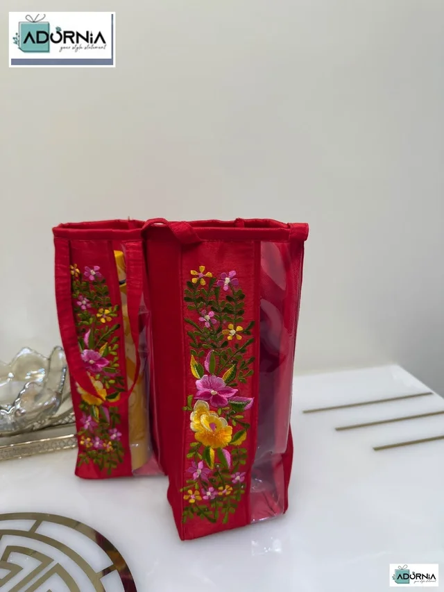 Floral Embroidered Bottle Cover - 11 x 4 Inches - Red