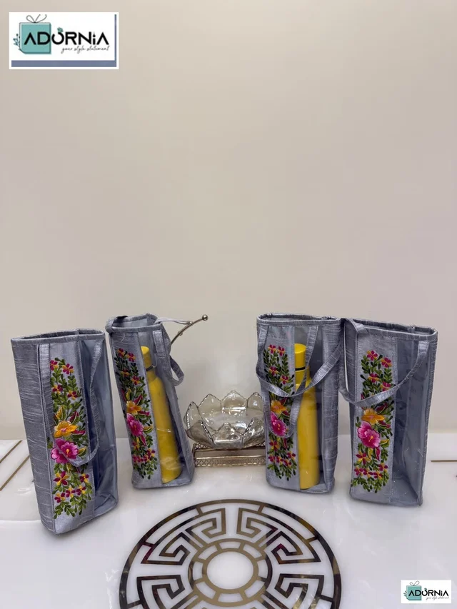 Floral Embroidered Bottle Cover - 11 x 4 Inches - Grey