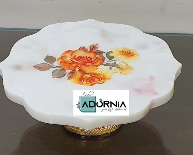 Blooming Marble Platter / Chowki on Bowl Stand - 8 Inch - Orange and Yellow Roses