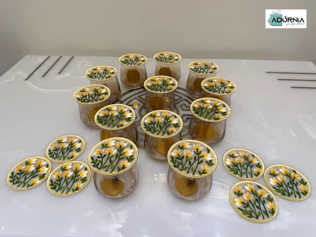 Glass Coasters with Embroidered Floral Tops - Yellow Blossom