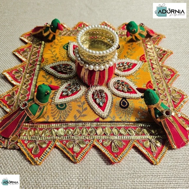 Handcrafted Colourful Parrot Diya Platter - 8 Inch - Yellow-Red