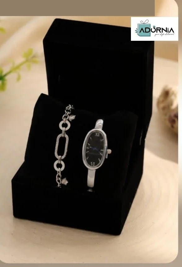 Silver-Tone Oval Watch and Link Bracelet Gift Set