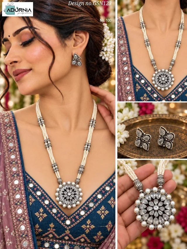 White Beaded Floral Pendant Necklace and Stud Earrings Set