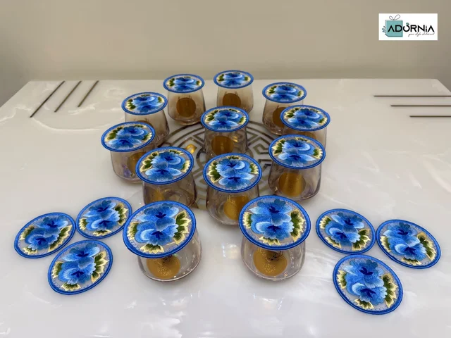 Glass Coasters with Embroidered Floral Tops - Blue Floral