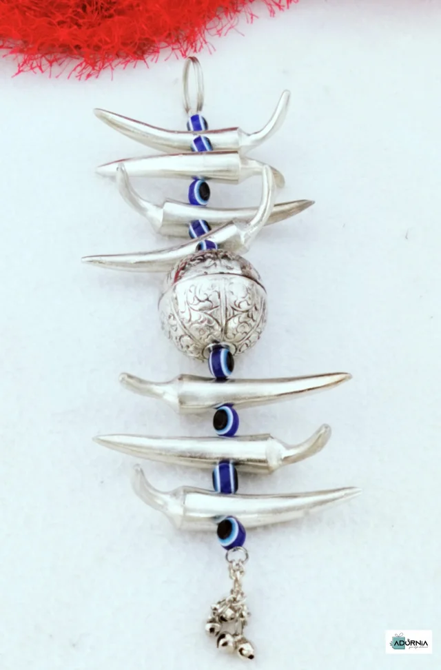 German Silver Nimbu-Mirchi Good Luck Hanging with Evil Eye - 10.5 inches