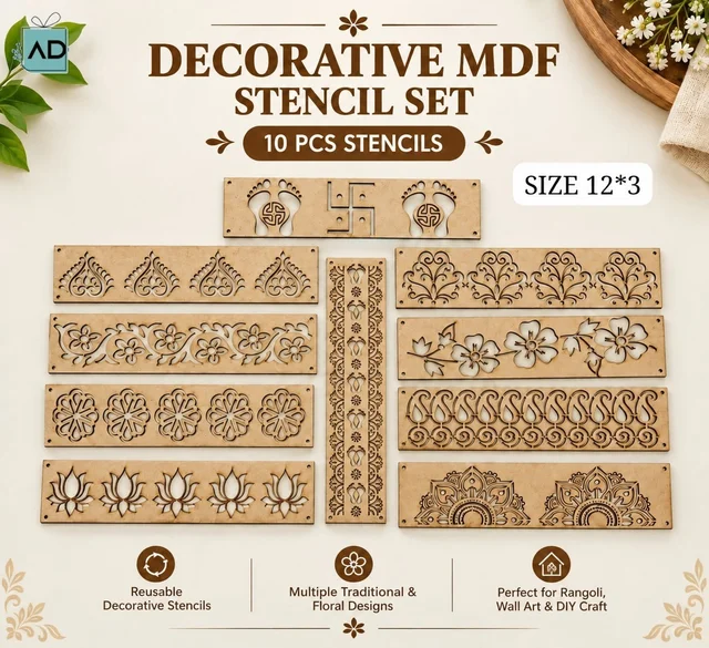Decorative MDF Rangoli Stencil Set - 10 Pieces (12 x 3 Inch)