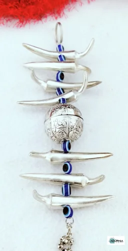 German Silver Nimbu-Mirchi Good Luck Hanging with Evil Eye - 10.5 inches