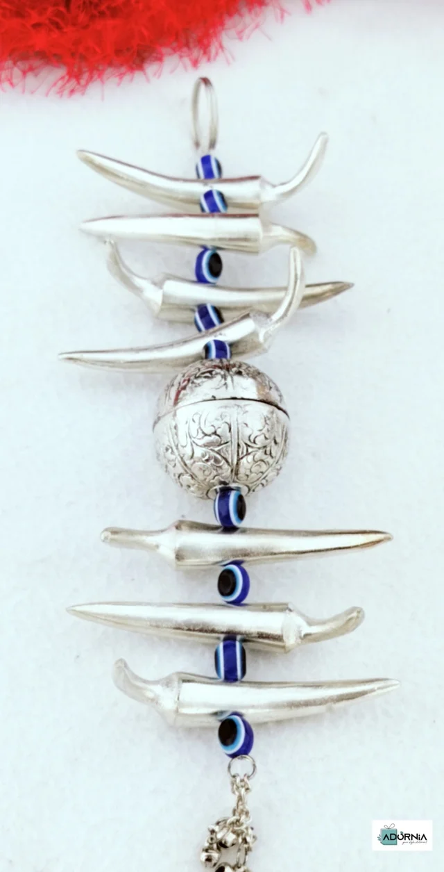 German Silver Nimbu-Mirchi Good Luck Hanging with Evil Eye - 10.5 inches