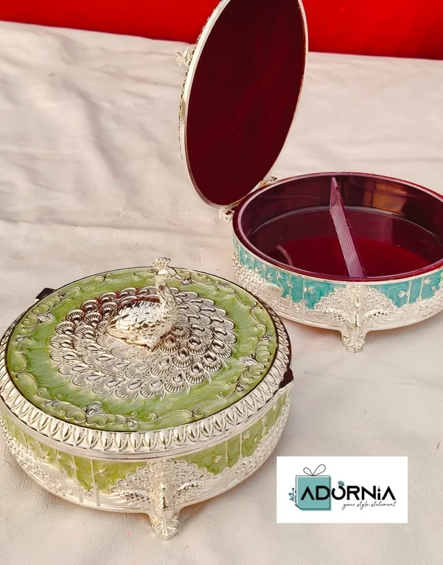 German Silver Round Peacock Enamel Dryfruit Box - Single Piece