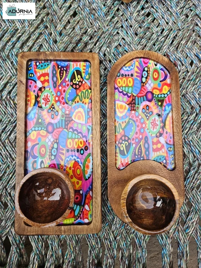 Recto-Oval Mango Wood Platter Set with Bowl - Pink Paisley