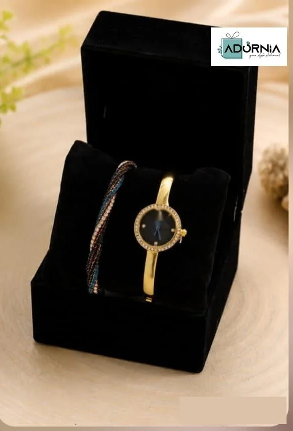 Gold-Tone Round Watch and Braided Bracelet Gift Set