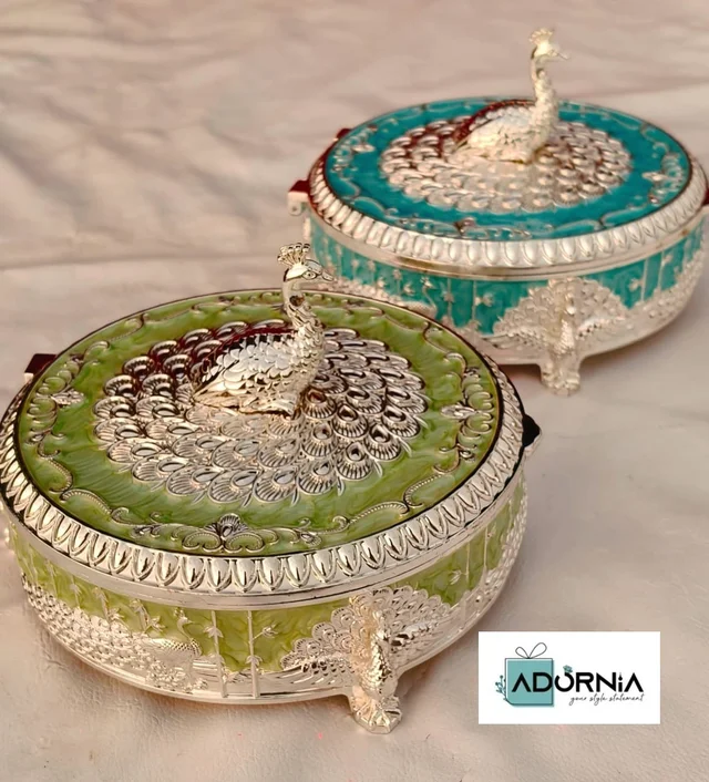 German Silver Round Peacock Enamel Dryfruit Box - Single Piece