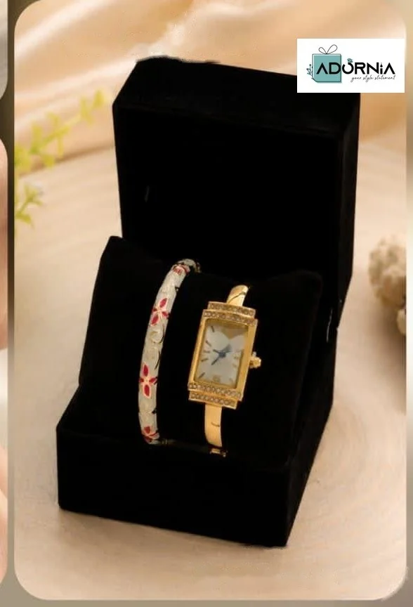 Gold-Tone Rectangular Watch and Floral-Print Bangle Gift Set