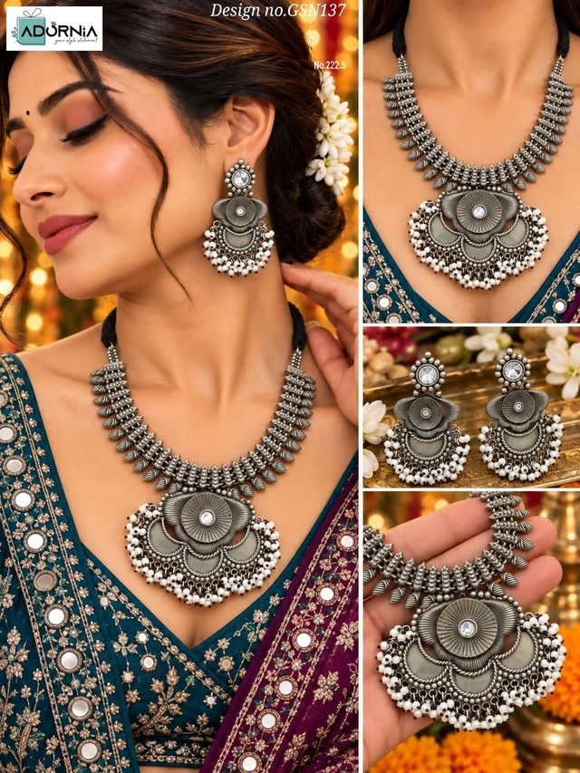 Silver-Tone Layered Floral Necklace and Earrings Set