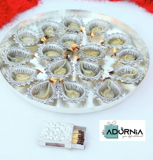 German Silver Mahalakshmi Aarti Thali Set - 16 Diyas, 12 Inch Thali