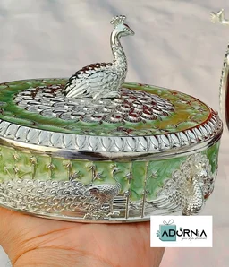 German Silver Round Peacock Enamel Dryfruit Box - Single Piece